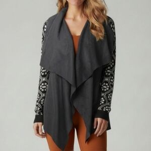 [Sweet Rain] Faux Suede X Knit Open Cardigan Size Medium Black/Ivory